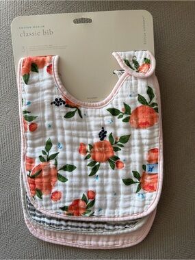 Classic Cotton Muslin Baby Bib Set - Peach Floral (3-Pack)
